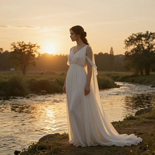 Photograph of a pregnant woman in a white, off-shoulder, flowing wedding dress standing by a river at sunset, silhouetted against