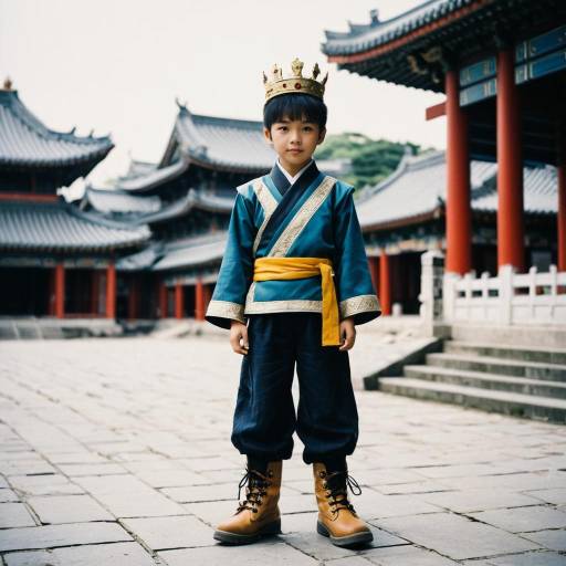 Boy in Traditional Costume with Crown in East Asian Architecture