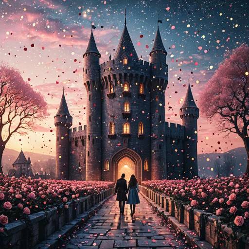 Romantic Medieval Castle with Couples and Floating Roses