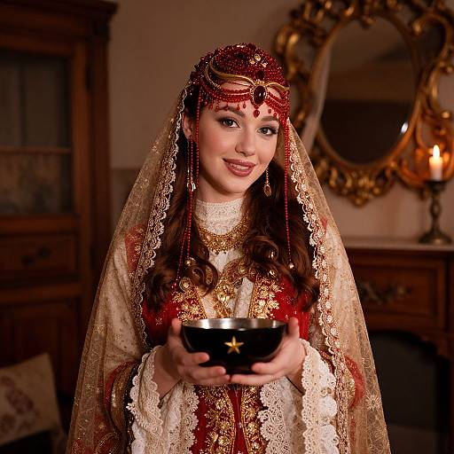 Photograph of a smiling woman in elaborate Middle Eastern-inspired bridal attire, holding a black bowl with a gold star, adorned with red and gold jewelry and
