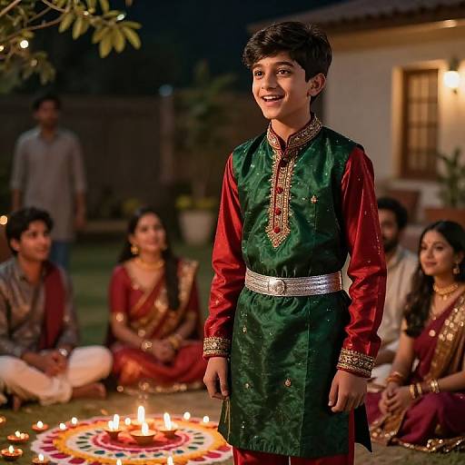 Photograph of a young boy in a green and red traditional Punjabi outfit, standing proudly with a lit diya in a nighttime garden, surrounded by