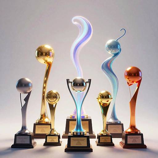 Photograph of six artistic awards with varying designs and colors, including gold, silver, blue, and red, each with a spherical top and base pla