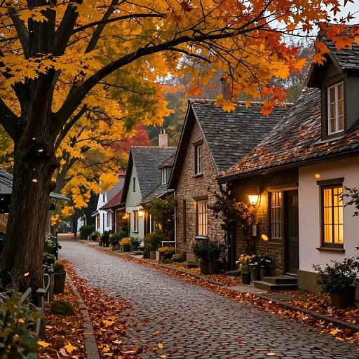 Cozy Autumn Village Street at Dusk