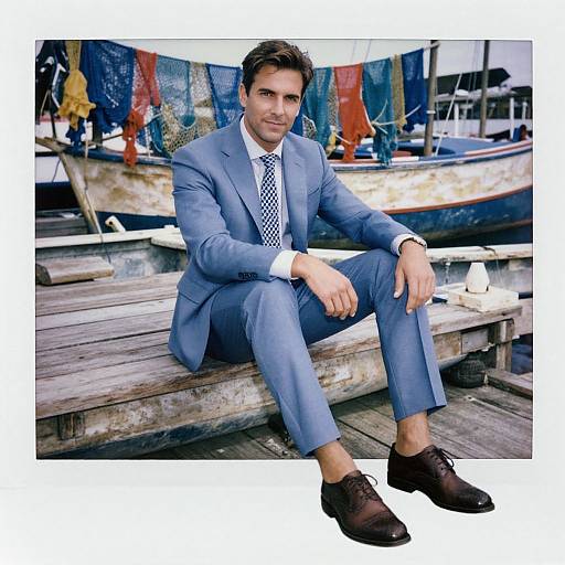 Photograph of a handsome man in a light blue suit, white shirt, and patterned tie, sitting on a wooden dock with colorful boats in the
