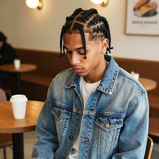 Photograph of a young Black man with braided hair, wearing a denim jacket over a white t-shirt, sitting in a cozy café. Background includes