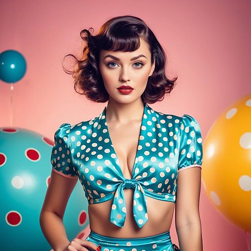 Photograph of a vintage-styled woman with curled black hair, wearing a white polka dot bikini, posing against a colorful sunset mural.