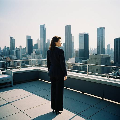 Cinematic Rooftop Businesswoman with Skyline