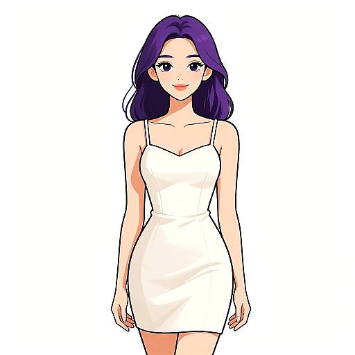 Digital anime-style drawing of a young woman with long purple hair, wearing a form-fitting white spaghetti strap dress, standing against a plain white background.