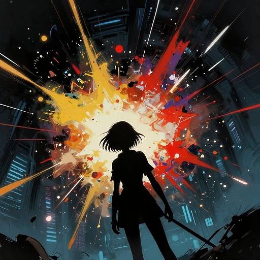 Silhouetted anime girl stands amidst vibrant explosion, neon cityscape background. Digital art with dynamic, colorful, radiant blast effects.