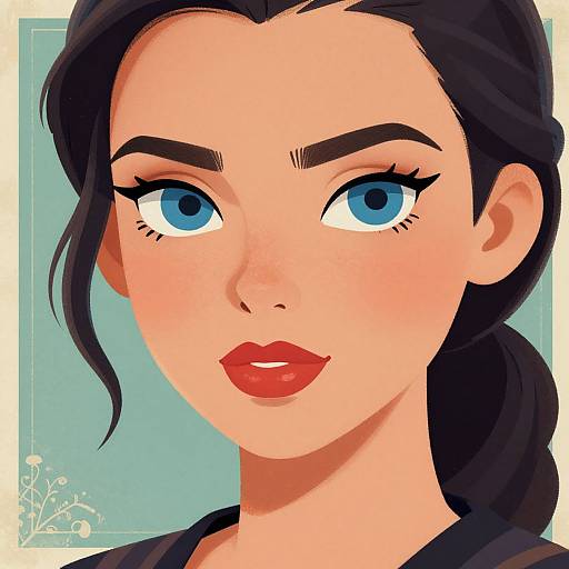 Digital illustration of a woman with striking blue eyes, bold red lips, black hair in a ponytail, and arched eyebrows, set against a teal