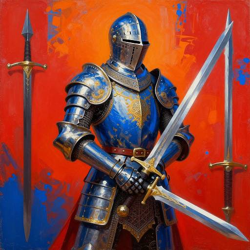 Digital painting of a shining, armored knight with a sword, holding it forward, against a vibrant orange and blue background, with two swords on either side