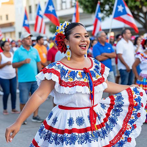 Photograph of a smiling Latina woman in a vibrant Mexican dress with red, blue, and white floral patterns, dancing at a festive parade with American flags
