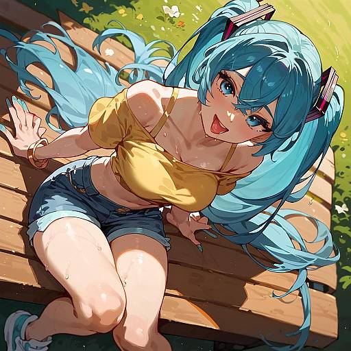 Smiling Girl on Summer Park Bench