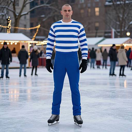 Photograph of a bald man wearing a blue and white striped sweater, blue pants, black gloves, and ice skates, standing on an outdoor ice