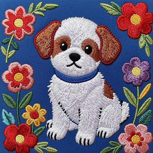 Embroidered Puppy with Floral Background