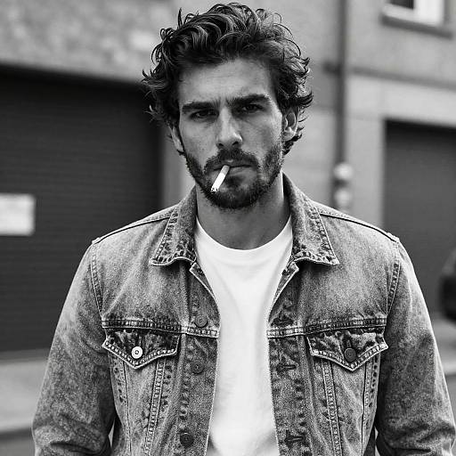 Black-and-white photograph of a curly-haired, bearded man with a cigarette in his mouth, wearing a denim jacket over a white t-shirt, standing