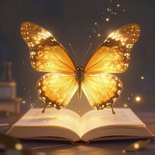 Photograph of a glowing, orange butterfly with illuminated wings perched on an open, glowing book, surrounded by floating sparks.