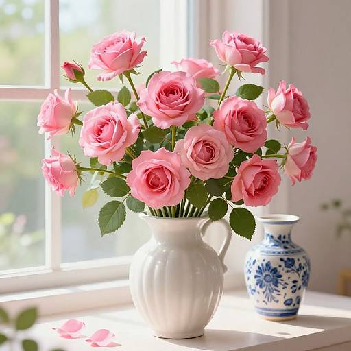Photograph of a white ceramic vase filled with pink roses, sunlight streaming through a window, with a blue floral patterned vase in the background.