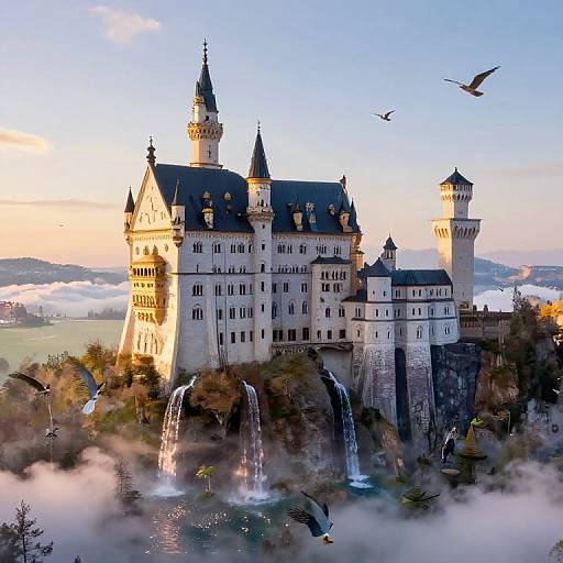 Photograph of a grand, fairy-tale castle with multiple towers, surrounded by misty waterfalls and lush greenery, bathed in golden sunlight