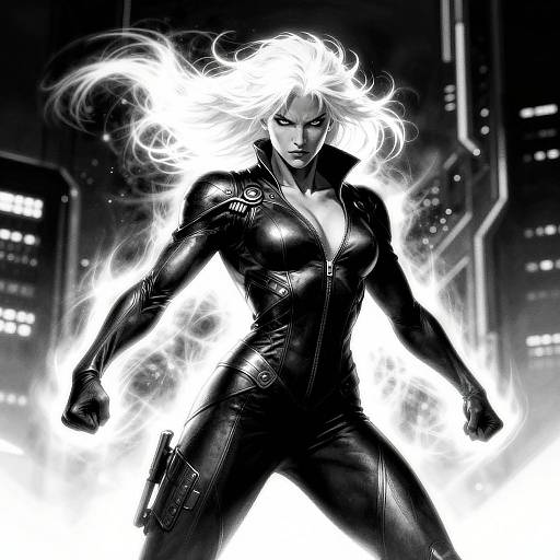 Digital artwork of a fierce, white-haired woman in a black, form-fitting leather suit, glowing with white energy, standing in a dark, futuristic