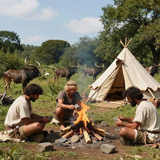 Mesolithic Campfire Tool Crafting Scene