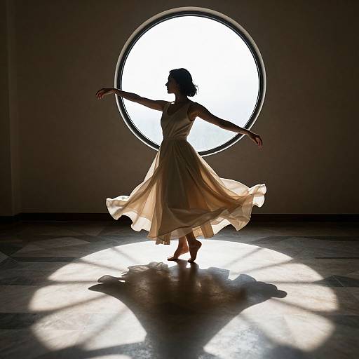 Silhouetted dancer in flowing beige dress, arms outstretched, stands before bright circular window, casting dramatic shadows on tiled floor. Photographic