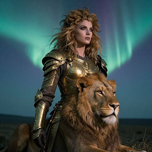 Photograph-style digital art of a fierce, blonde warrior woman in gold armor standing beside a majestic lion under vibrant green aurora.