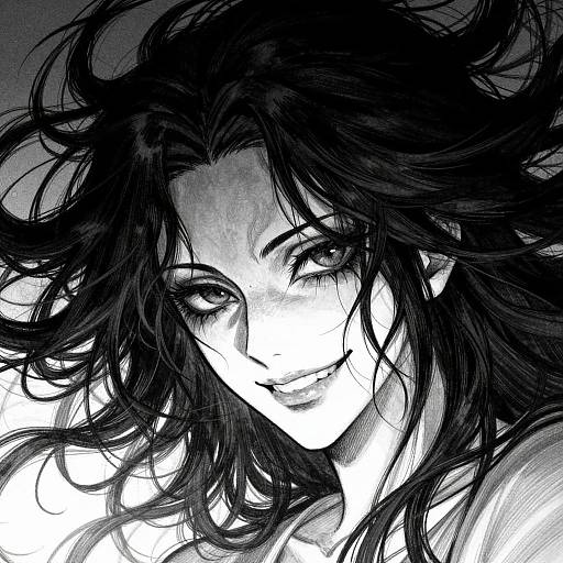 Black-and-white manga-style drawing of a smiling woman with wild, flowing black hair and intense, piercing eyes, looking directly at the viewer.