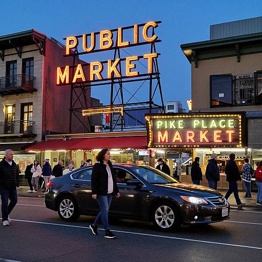 Vibrant Neon Signs at Pike Place Market