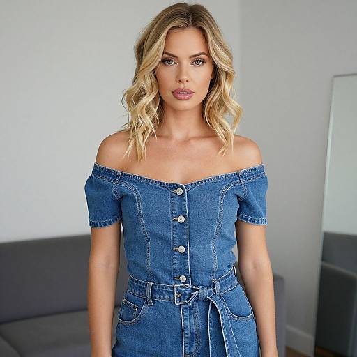 Blonde Woman in Denim Jumpsuit