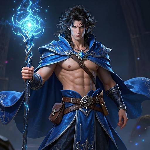 Digital fantasy artwork of a muscular, shirtless male mage with black hair, blue cape, and glowing blue flame staff, set in a dark, mystical