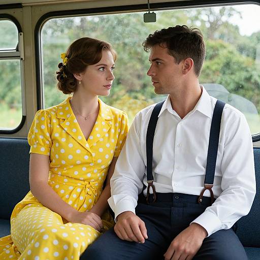 Photograph of a 1940s-style couple sitting in a bus; woman in yellow polka-dot dress, man in white shirt with black suspend