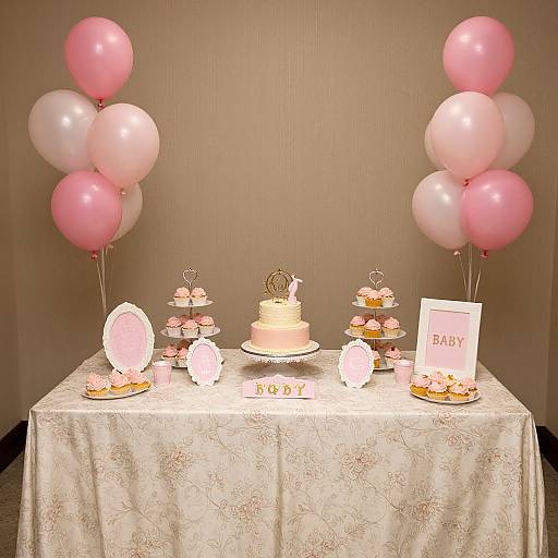Photograph of a baby shower table with pink and white balloons, white floral tablecloth, baby-themed cake, cupcakes, and 