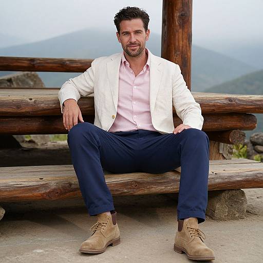 Photograph of a handsome man with short dark hair, beard, white blazer, pink shirt, blue pants, beige boots, sitting on wooden bench