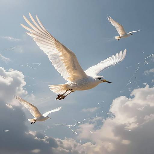 Photograph of three white seagulls with outstretched wings flying against a bright blue sky with scattered clouds and visible lightning.