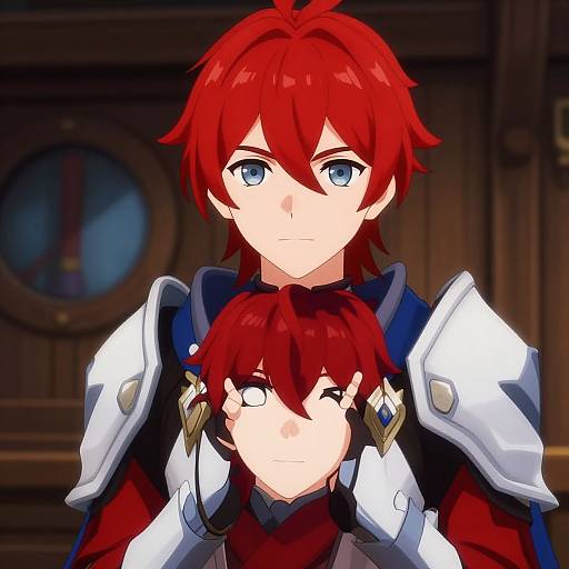 Digital anime-style drawing of a red-haired, blue-eyed young man in white armor, gently holding a smaller red-haired child with closed eyes. Warm wooden