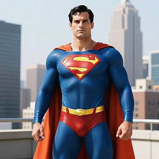 CGI image of a muscular Superman with blue suit, red trunks, yellow belt, red cape, standing on rooftop with city skyline.