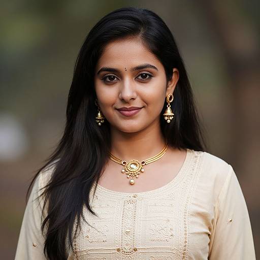 Photograph of a young Indian woman with long black hair, wearing a gold necklace, earrings, and traditional cream-colored blouse, smiling softly in a blurred