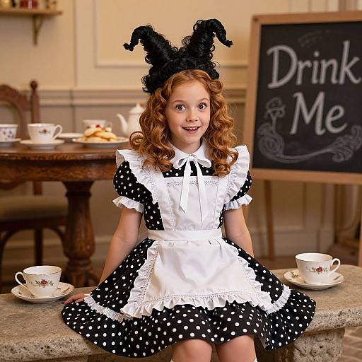 Photograph of a smiling young girl with curly red hair, wearing a black and white polka dot maid outfit with black bunny ears, sitting on a