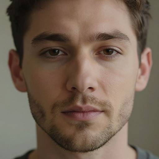 Close-up photograph of a young Caucasian man with short brown hair, light stubble, and brown eyes, looking directly at the camera. Neutral background.
