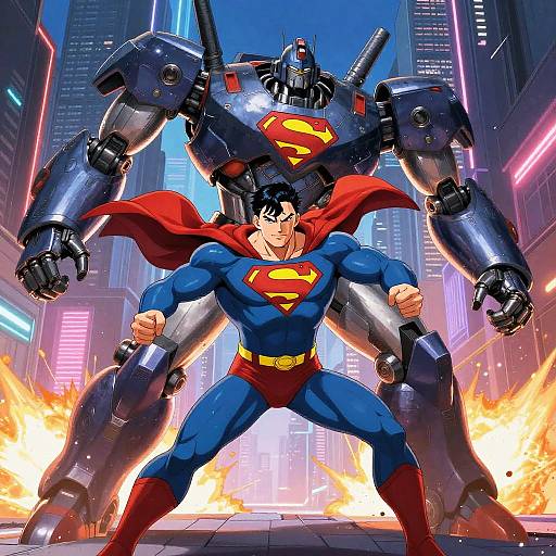 Digital artwork of Superman in blue suit with red cape and 