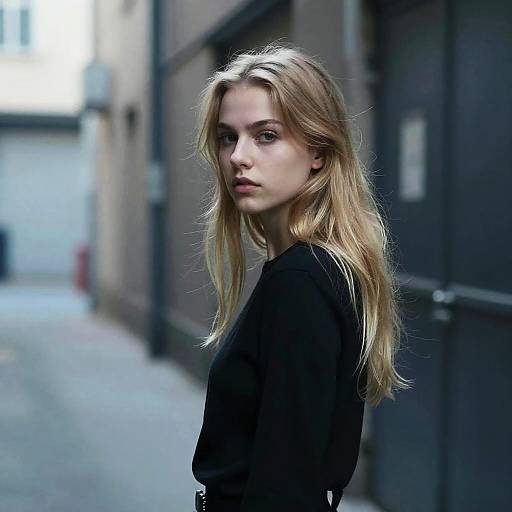 Photograph of a young blonde woman with long hair, wearing a black top, standing in a blurred urban alleyway with dark walls. She has a