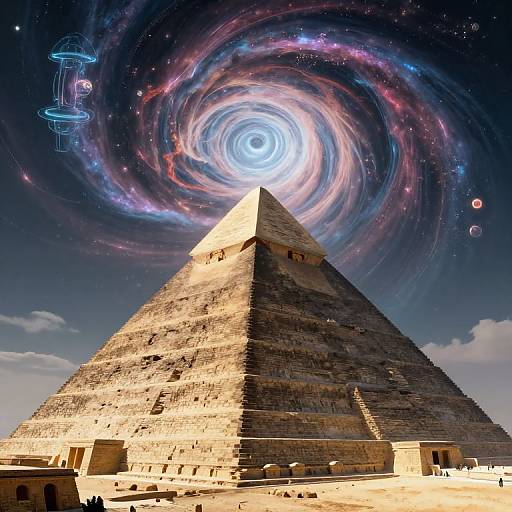 Photograph of an ancient Egyptian pyramid with a swirling, colorful galaxy and sci-fi space station in the starry sky.