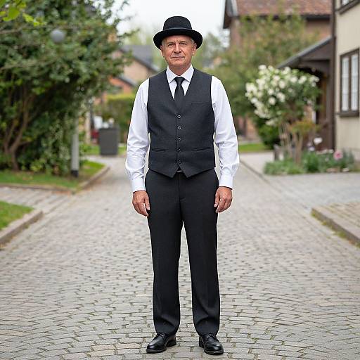 Photograph of an elderly man in black vest, white shirt, black tie, black pants, and black hat standing on a cobblestone path in