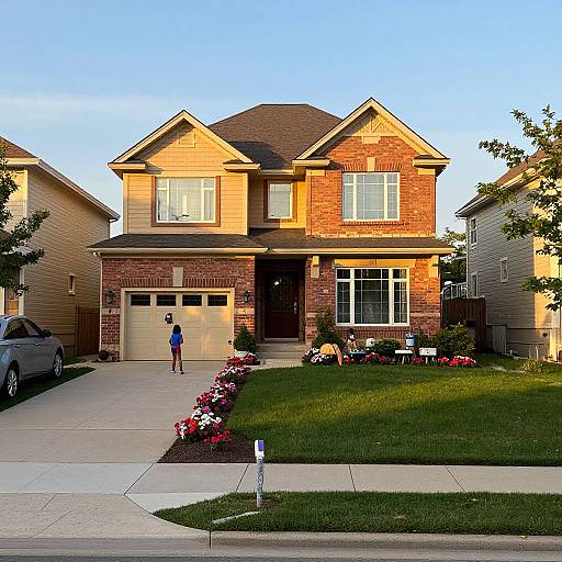 Photograph of a two-story suburban house with brick and beige siding, front garden with red flowers, and a child in blue walking towards the garage.