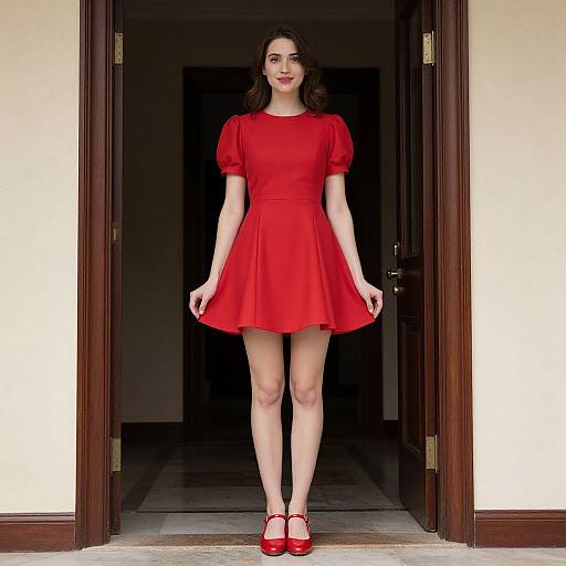 Photograph of a fair-skinned woman with dark brown hair, wearing a red short-sleeve dress and matching red Mary Jane shoes, standing in