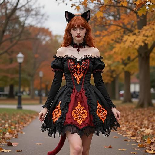 Young Woman in Gothic Cat Costume in Autumn Park