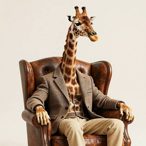 Photograph of an anthropomorphic giraffe in a brown tweed blazer and beige pants, sitting confidently in a leather armchair. White background.