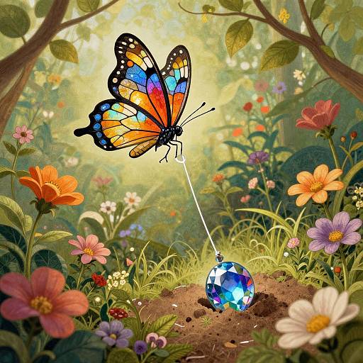 Vibrant digital illustration of a colorful butterfly with blue, orange, and black wings, tethered to a blue gem in a lush, sunlit