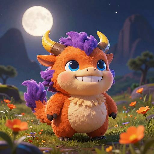 Whimsical Furry Creature in Moonlit Meadow
